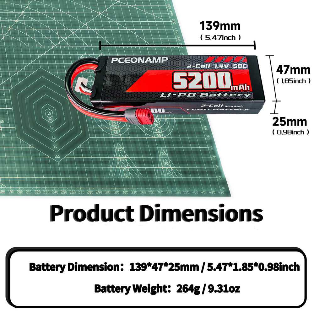7.4V 5200mAh 2S LiPo battery 50C dimensions, 139x47x25mm, PCEONAMP spec card