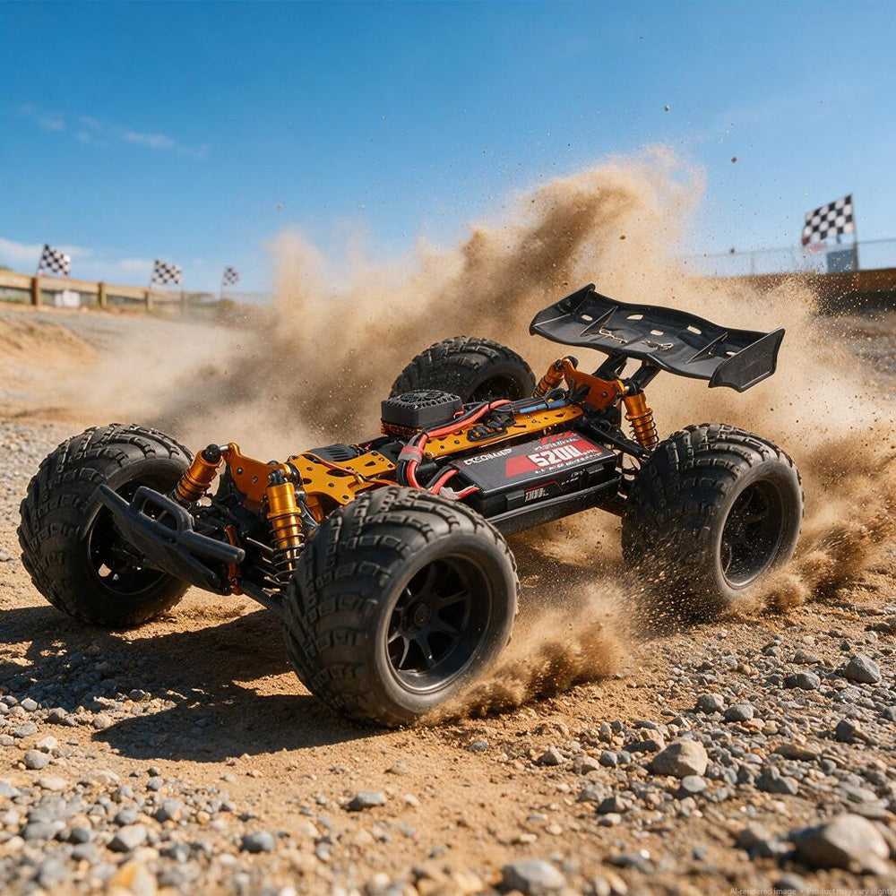 RC car on dirt track powered by PCEONAMP 5200mAh 2S LiPo battery 50C, high-speed running