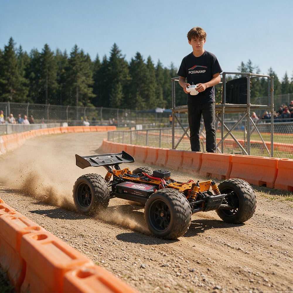 RC pilot driving 1/8 4WD car on dirt track powered by PCEONAMP 7.4V 5200mAh 2S LiPo battery 50C
