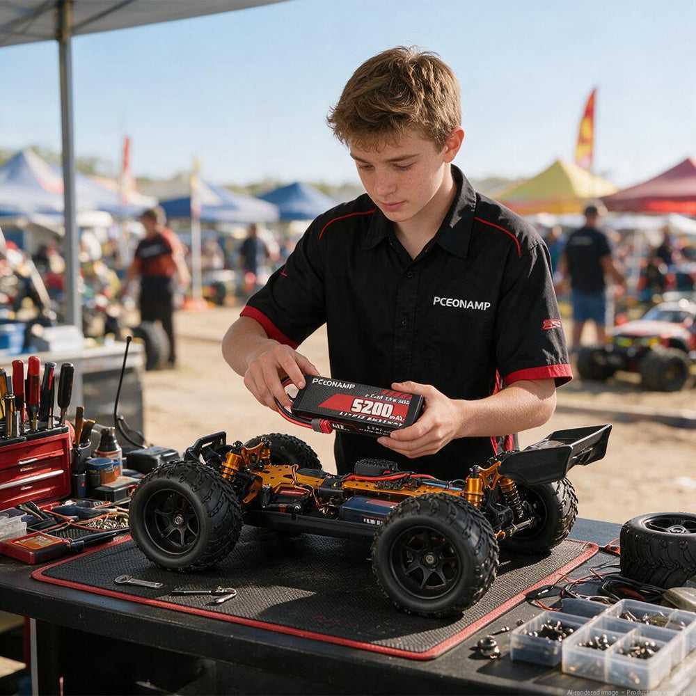 RC pilot assembling 1/8 4WD car with PCEONAMP 7.4V 5200mAh 2S LiPo battery 50C, outdoor event
