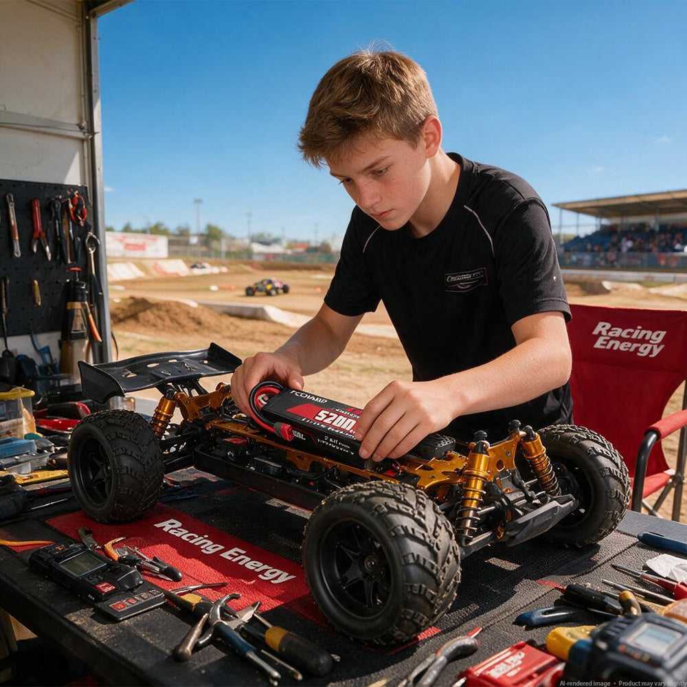RC hobbyist installing PCEONAMP 7.4V 5200mAh 2S LiPo battery 50C on 1/8 scale car