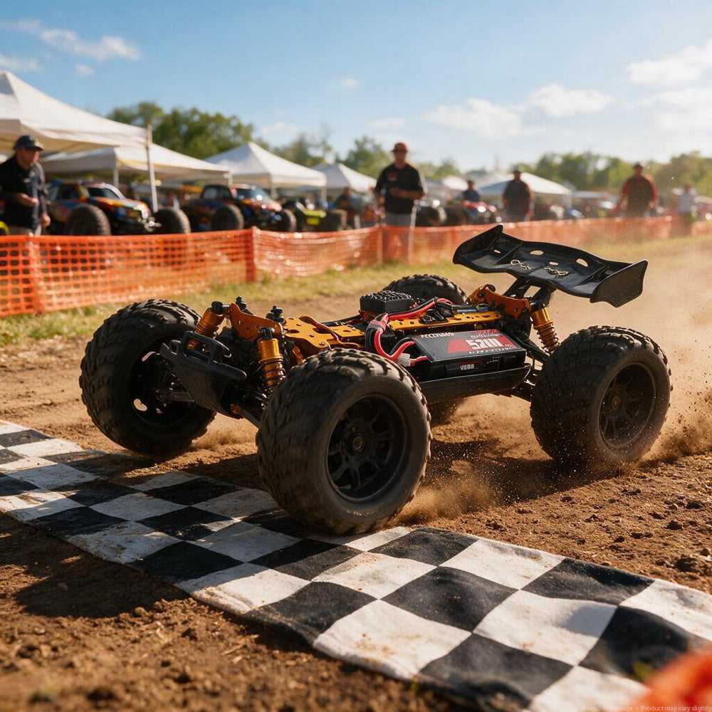 RC car crossing finish line powered by PCEONAMP 7.4V 5200mAh 2S LiPo battery 50C