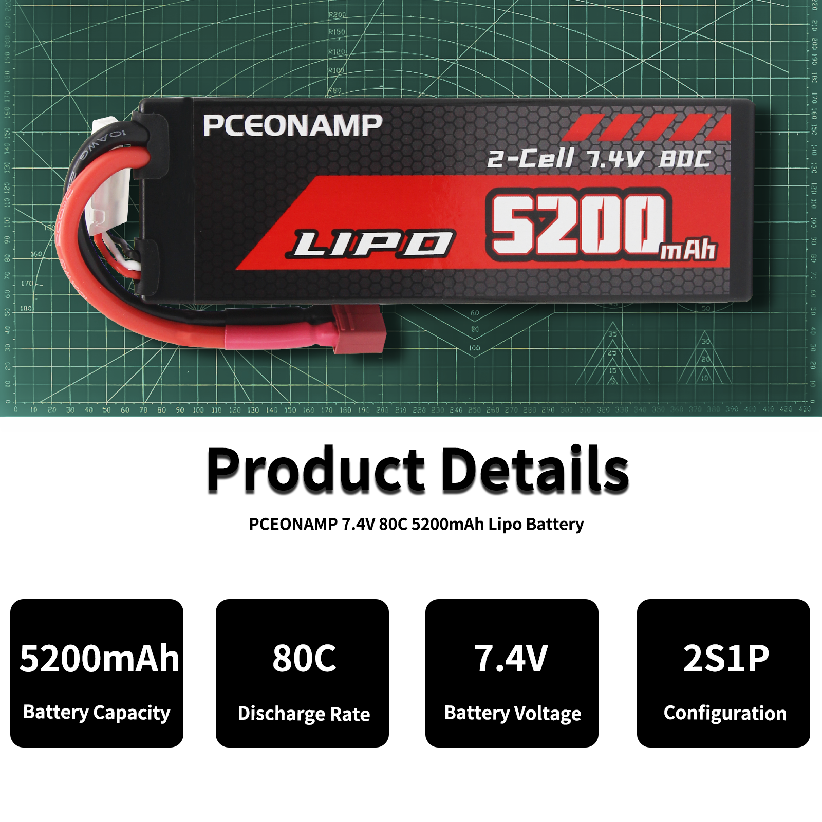 PCEONAMP 2S Lipo Battery 7.4V 80C 5200mAh with Deans T Plug Rechargeable High Capacity RC Cars Battery Hard Case Fit for RC Car Trucks 1/8 1/10 High Speed RC Cars with Battery Storage Box