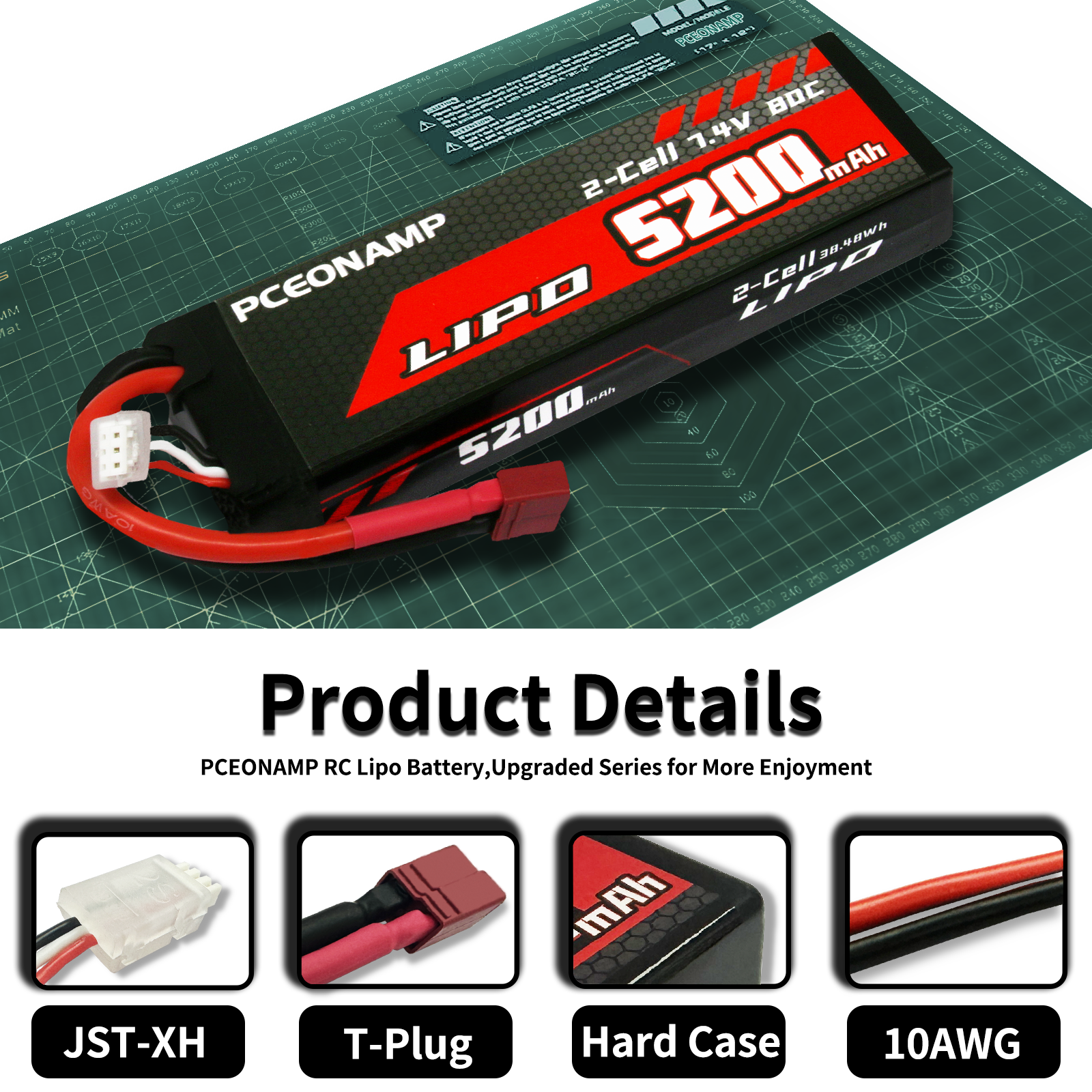 PCEONAMP 2S Lipo Battery 7.4V 80C 5200mAh with Deans T Plug Rechargeable High Capacity RC Cars Battery Hard Case Fit for RC Car Trucks 1/8 1/10 High Speed RC Cars with Battery Storage Box