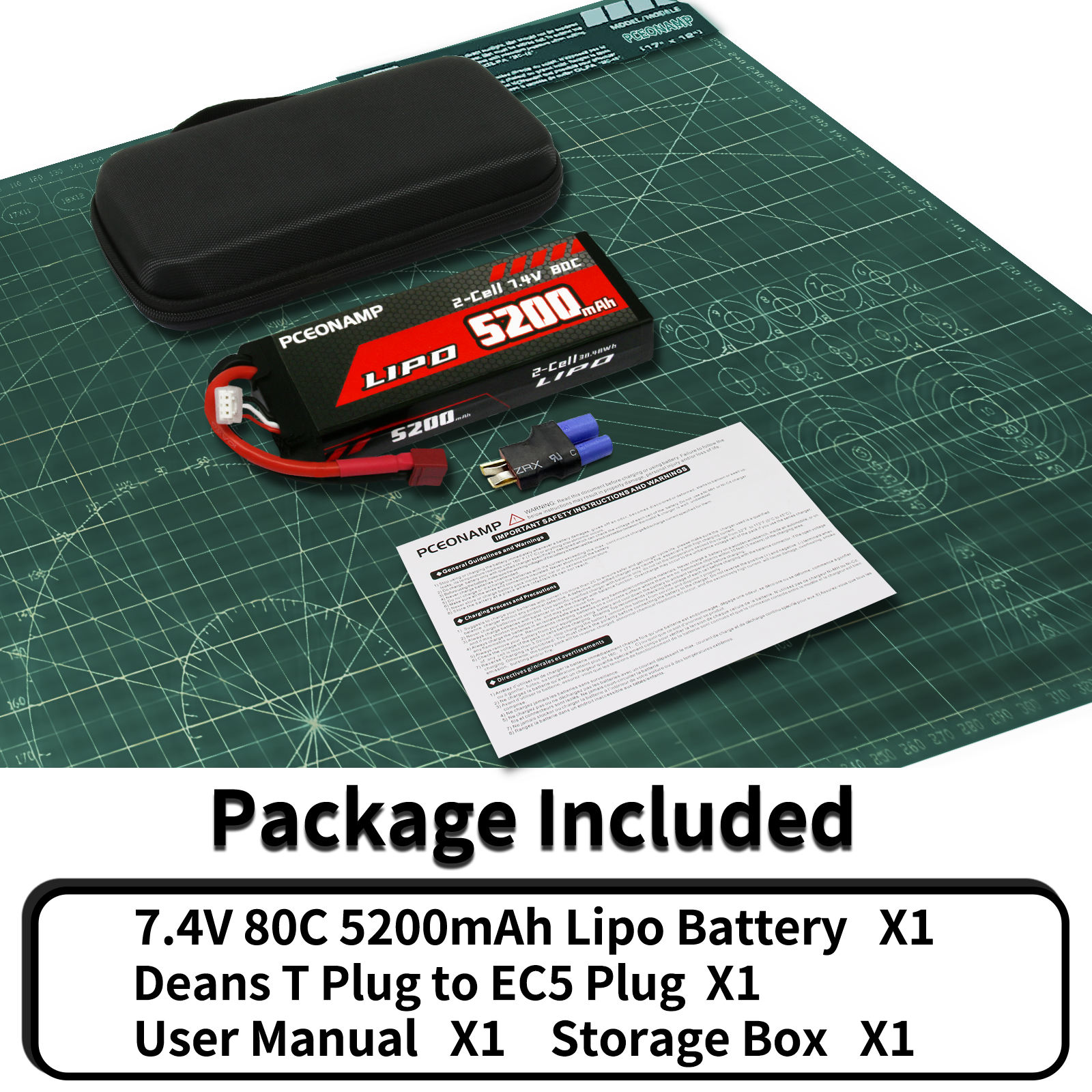 PCEONAMP 2S Lipo Battery 7.4V 80C 5200mAh with Deans T Plug Rechargeable High Capacity RC Cars Battery Hard Case Fit for RC Car Trucks 1/8 1/10 High Speed RC Cars with Battery Storage Box