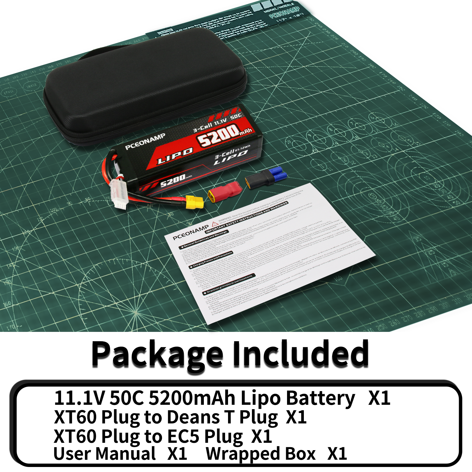 PCEONAMP 3S Lipo Battery 11.1V 50C 5200mAh with XT60 Plug High Capacity RC Cars Battery Fit for RC Car Model, RC Racing Car Truck Tank Boat Heli Airplane Quadcopter Helicopter with Battery Storage Box