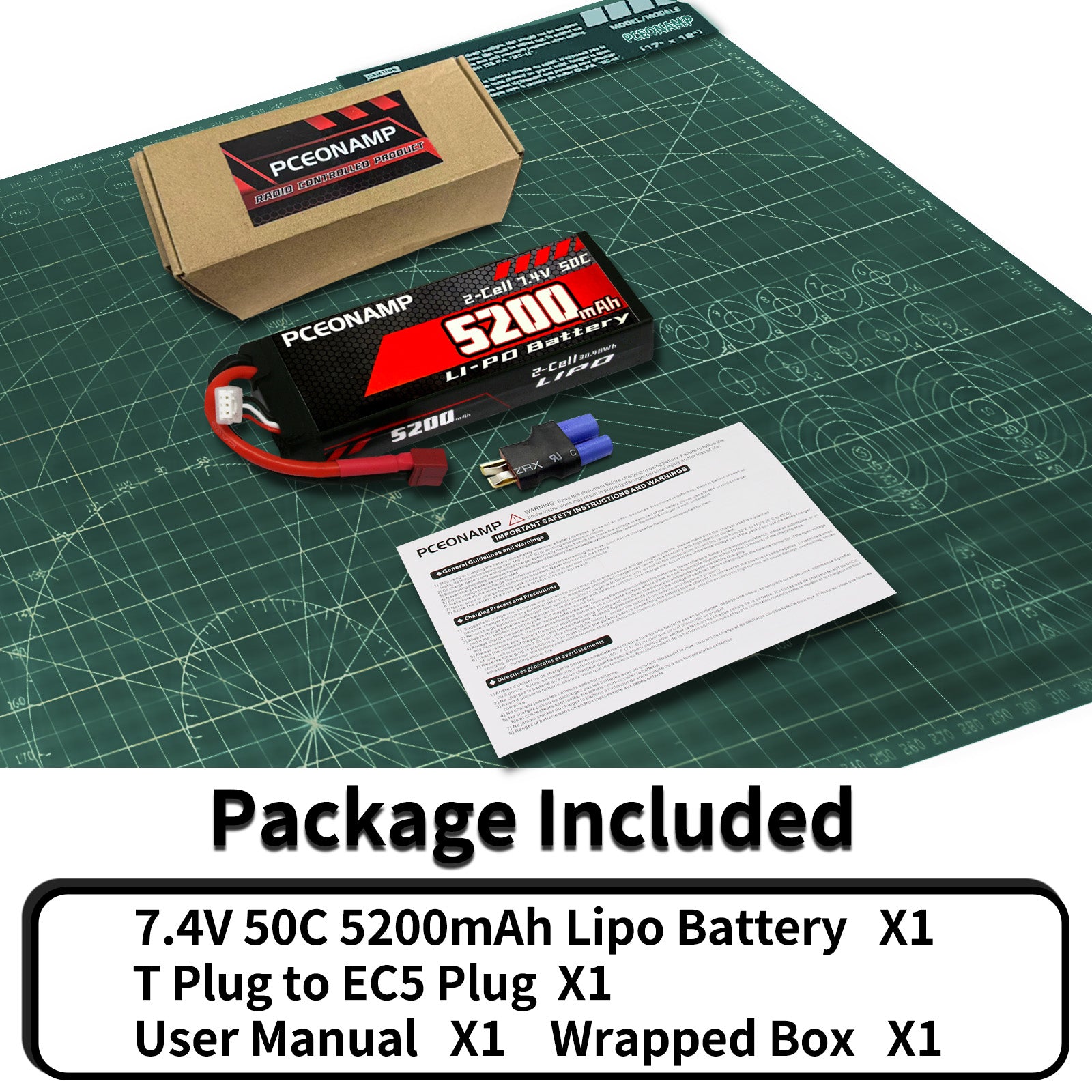 PCEONAMP 2S Lipo Battery 7.4V 50C 5200mAh with Deans T Plug Rechargeable High Capacity RC Cars Battery Hard Case Fit for RC Car Trucks 1/8 1/10 High Speed RC Cars