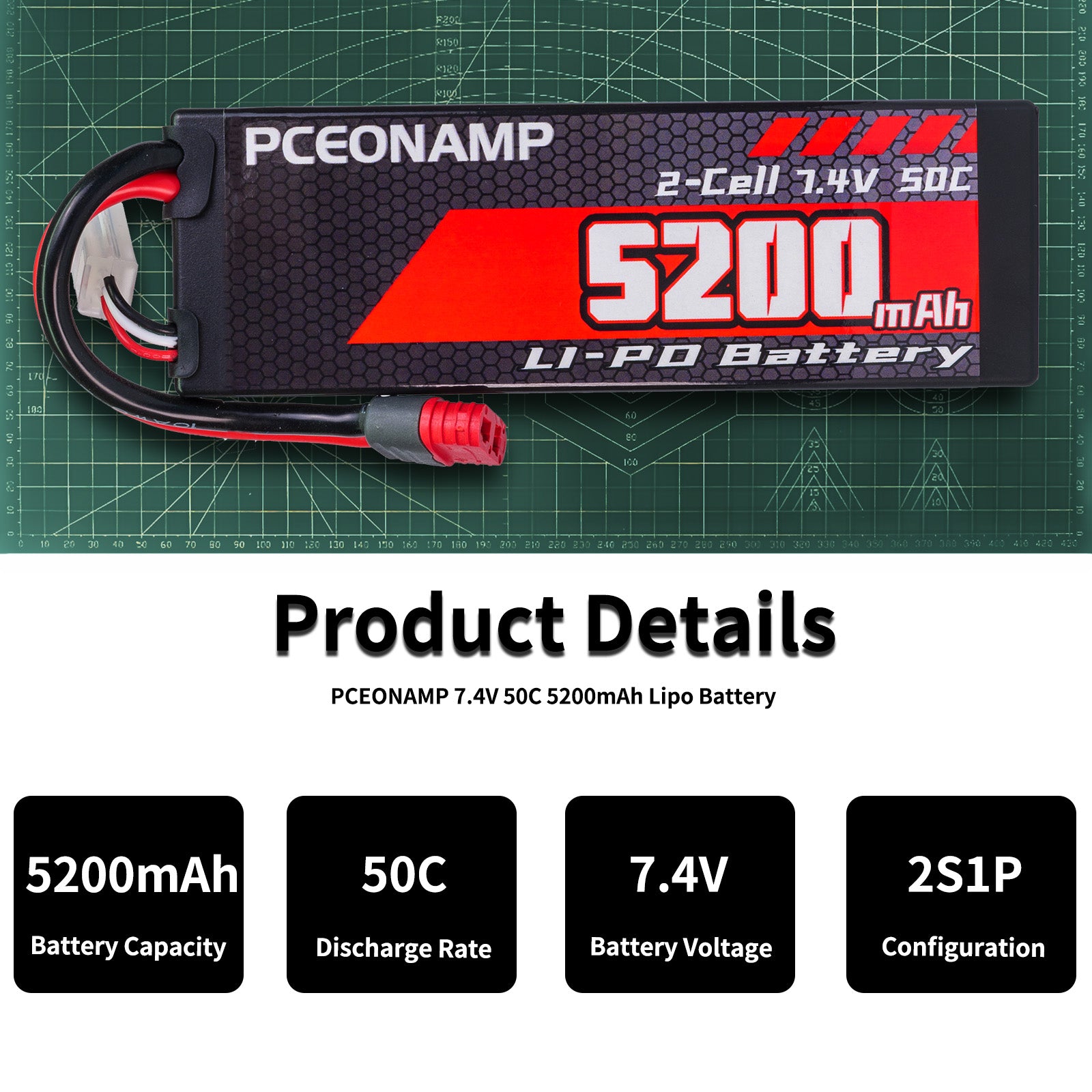 PCEONAMP 2S Lipo Battery 7.4V 50C 5200mAh with T Plug Rechargeable High Capacity RC Cars Battery Hard Case Fit for RC Car Trucks 1/8 1/10 High Speed RC Cars with Storage Box