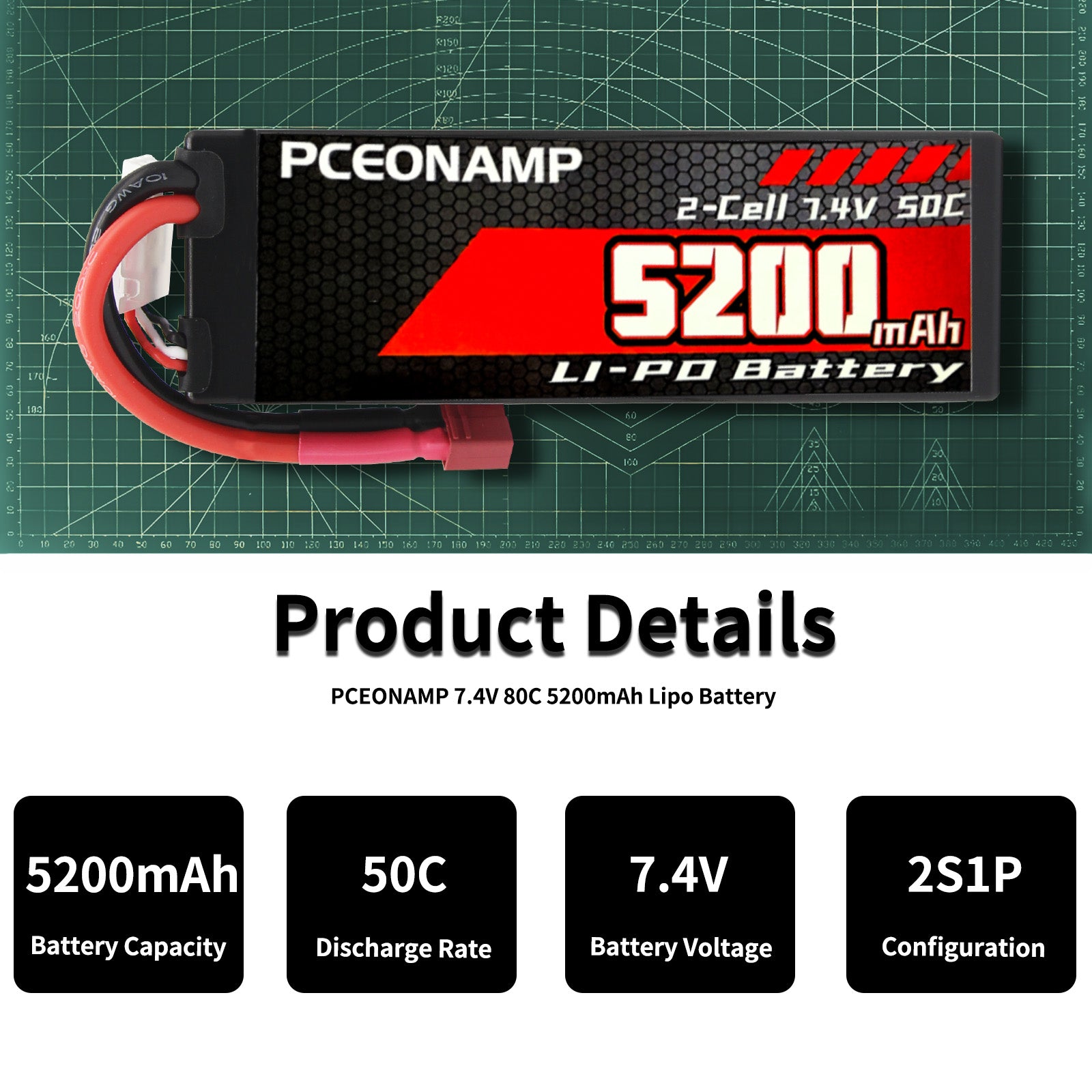 PCEONAMP 2S Lipo Battery 7.4V 50C 5200mAh with Deans T Plug Rechargeable High Capacity RC Cars Battery Hard Case Fit for RC Car Trucks 1/8 1/10 High Speed RC Cars
