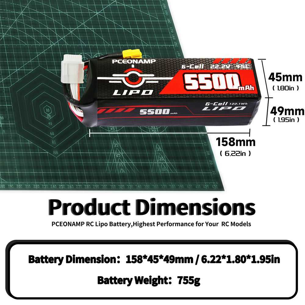 22.2V 5500mAh 6S LiPo battery 45C product dimensions, 158x45x49mm, 755g