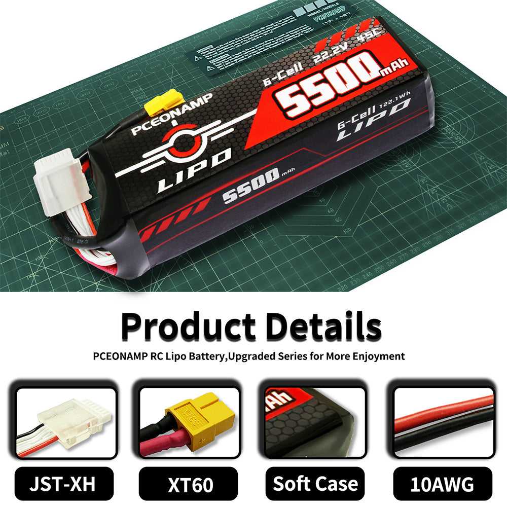 PCEONAMP 5500mAh 6S LiPo battery 45C details, JST-XH, XT60, soft case, 10AWG
