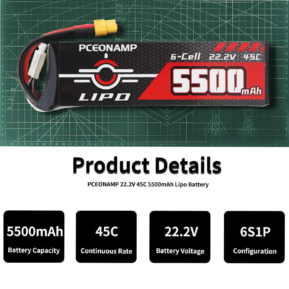 22.2V 5500mAh 6S LiPo battery 45C specs, 6S1P configuration, 247A continuous