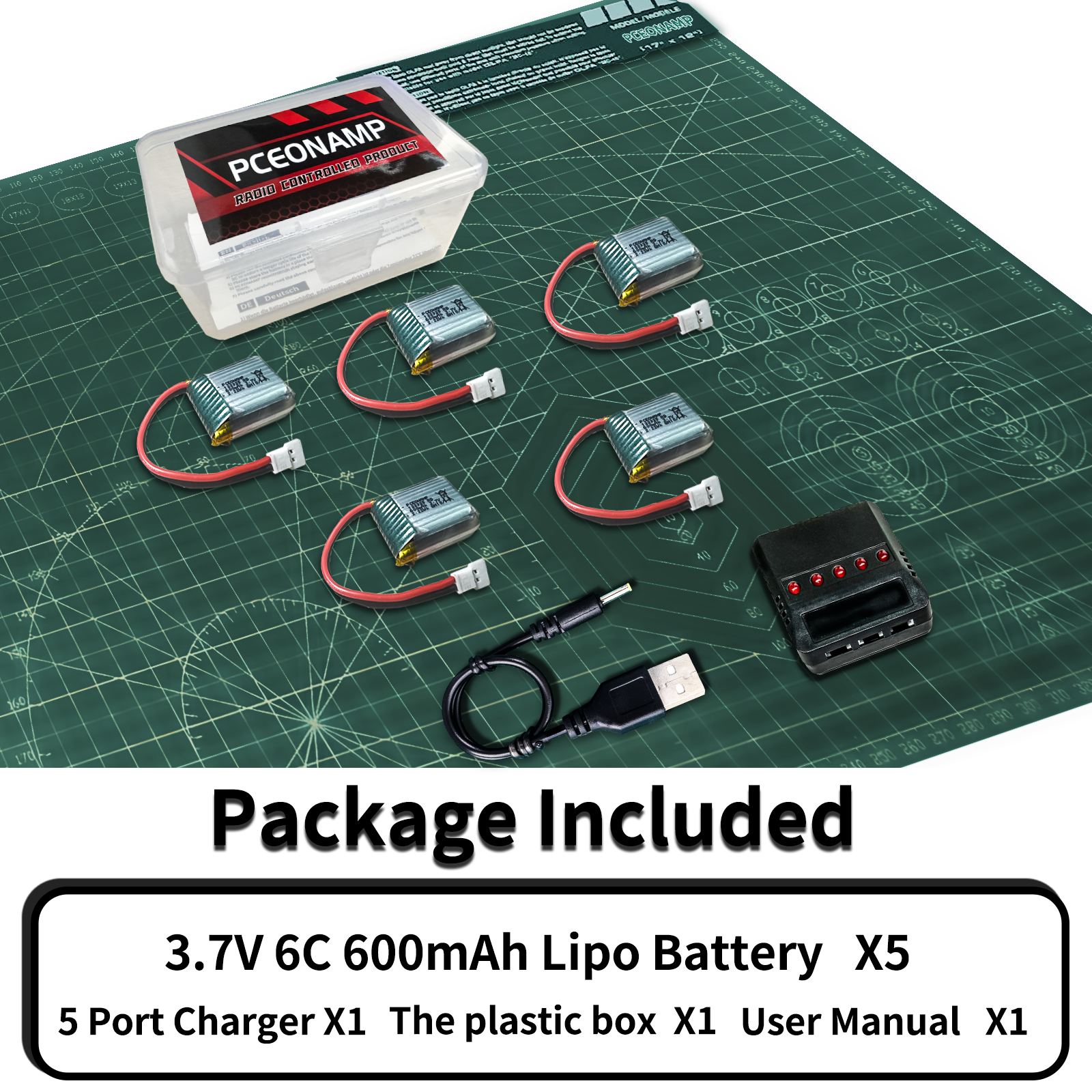 PCEONAMP 3.7V Battery 600mAh 25C with Molex Plug 5 Pieces Lipo Battery Fit for Remote Control Shark and RC Boat with 5in1 Charger