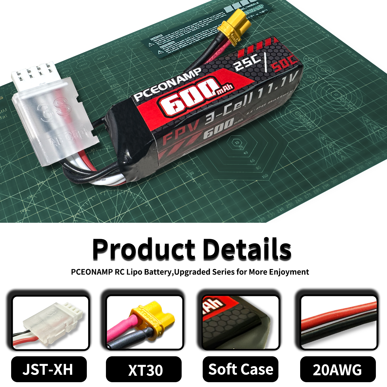 PCEONAMP 3S Lipo Battery 600mAh 11.1V Burst 50C with XT30 Plug Rechargeable High Capacity RC Drone Battery Soft Case Fit for RC FPV RC Racing Drone Quadcopter