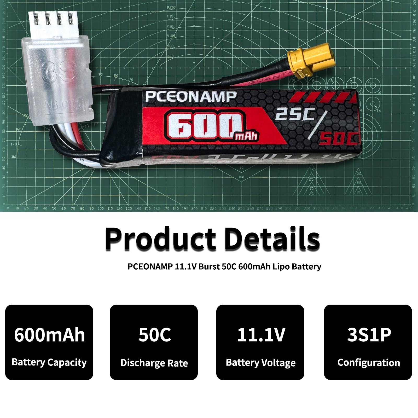 PCEONAMP 3S Lipo Battery 600mAh 11.1V Burst 50C with XT30 Plug Rechargeable High Capacity RC Drone Battery Soft Case Fit for RC FPV RC Racing Drone Quadcopter