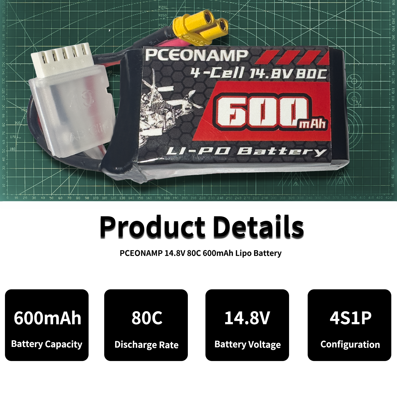 PCEONAMP 4S Lipo Battery 600mAh 14.8V 80C with XT30 Plug Rechargeable High Capacity RC Drone Battery Soft Case Fit for Toothpick FPV RC Racing Drone Quadcopter UAV Airplane Helicopter