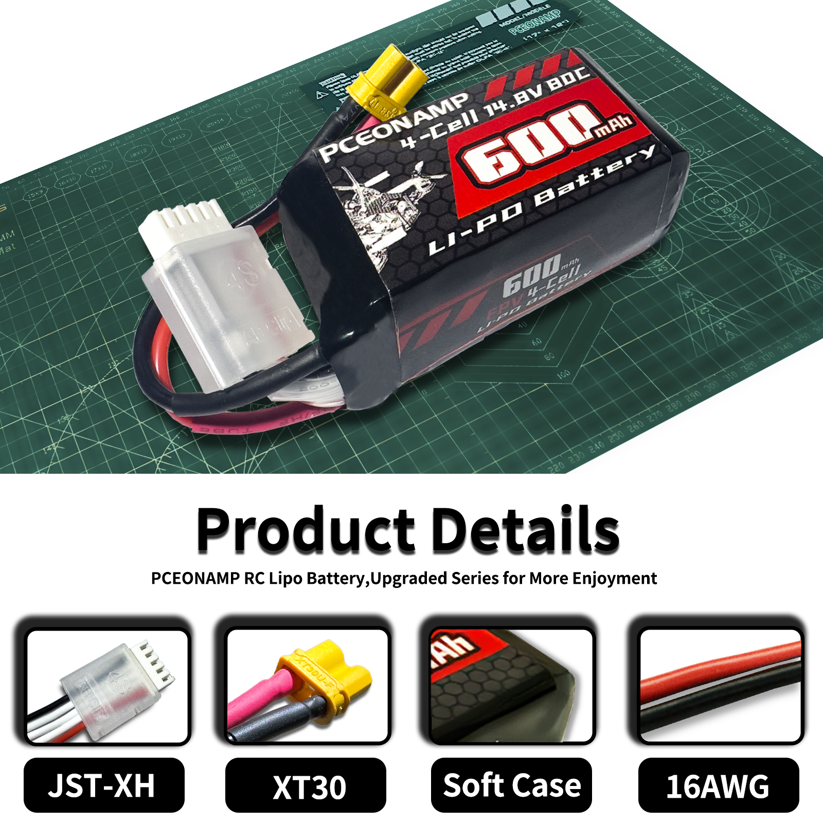 PCEONAMP 4S Lipo Battery 600mAh 14.8V 80C with XT30 Plug Rechargeable High Capacity RC Drone Battery Soft Case Fit for Toothpick FPV RC Racing Drone Quadcopter UAV Airplane Helicopter