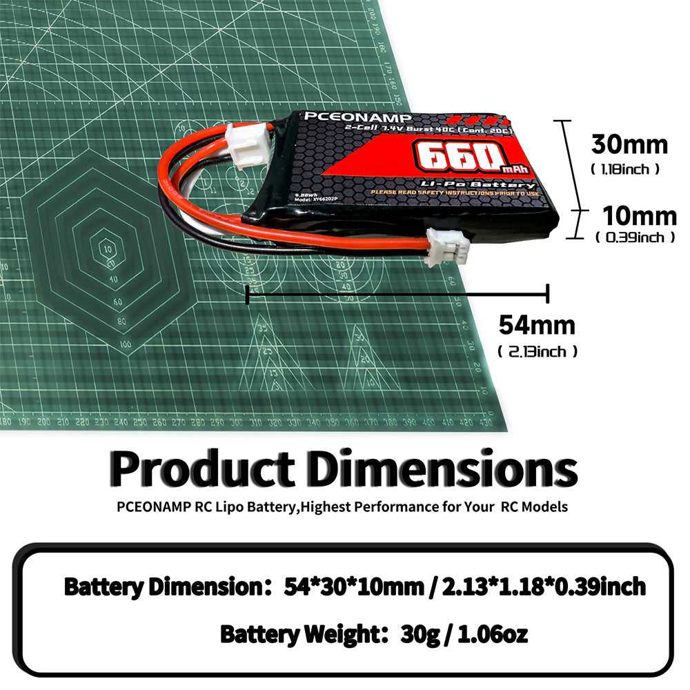 7.4V 660mAh 2S LiPo battery 40C product dimensions, 52x30x10mm, 26g