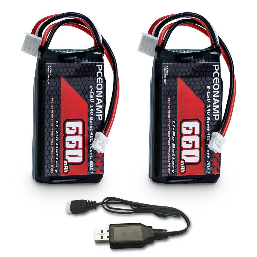 PCEONAMP 7.4V 660mAh 2S LiPo battery 40C, two-pack with USB charger, product photo