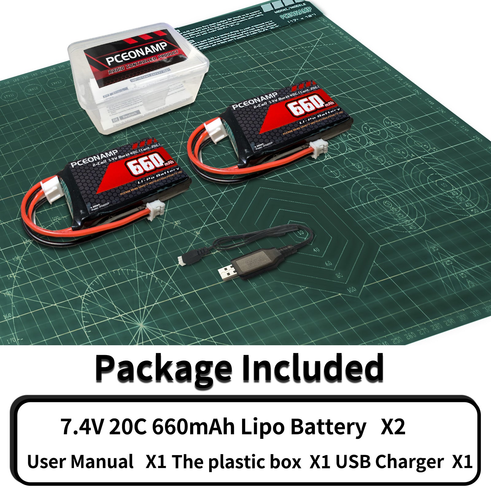 PCEONAMP 2S Lipo Battery 660mAh 7.4V for SCX24 Burst 70C with PH2.0 Plug Rechargeable High Capacity RC 7.4V Lipo Battery Fit for 1/18, 1/24 Scale RC Cars Trucks with 1 USB Charger （2packs）