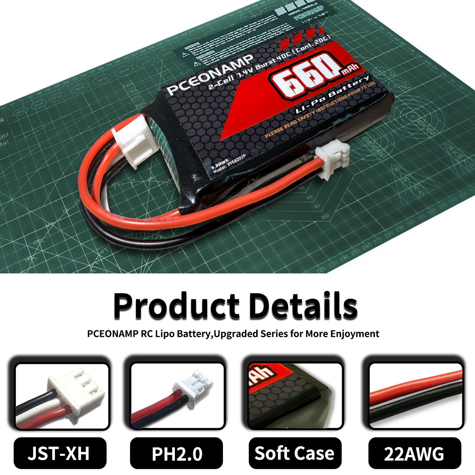 PCEONAMP 2S Lipo Battery 660mAh 7.4V for SCX24 Burst 40C with PH2.0 Plug Rechargeable High Capacity RC 7.4V Lipo Battery Fit for 1/18, 1/24 Scale RC Cars Trucks with 1 USB Charger （2packs）