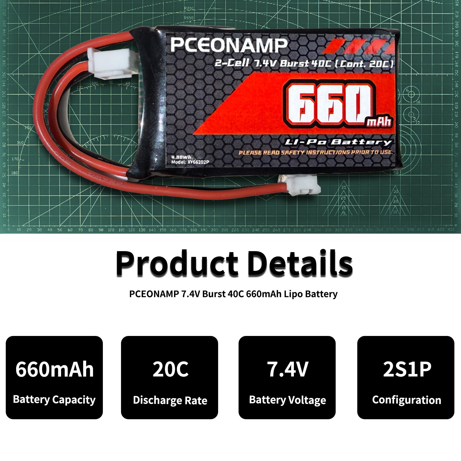 PCEONAMP 2S Lipo Battery 660mAh 7.4V for SCX24 Burst 70C with PH2.0 Plug Rechargeable High Capacity RC 7.4V Lipo Battery Fit for 1/18, 1/24 Scale RC Cars Trucks with 1 USB Charger （2packs）