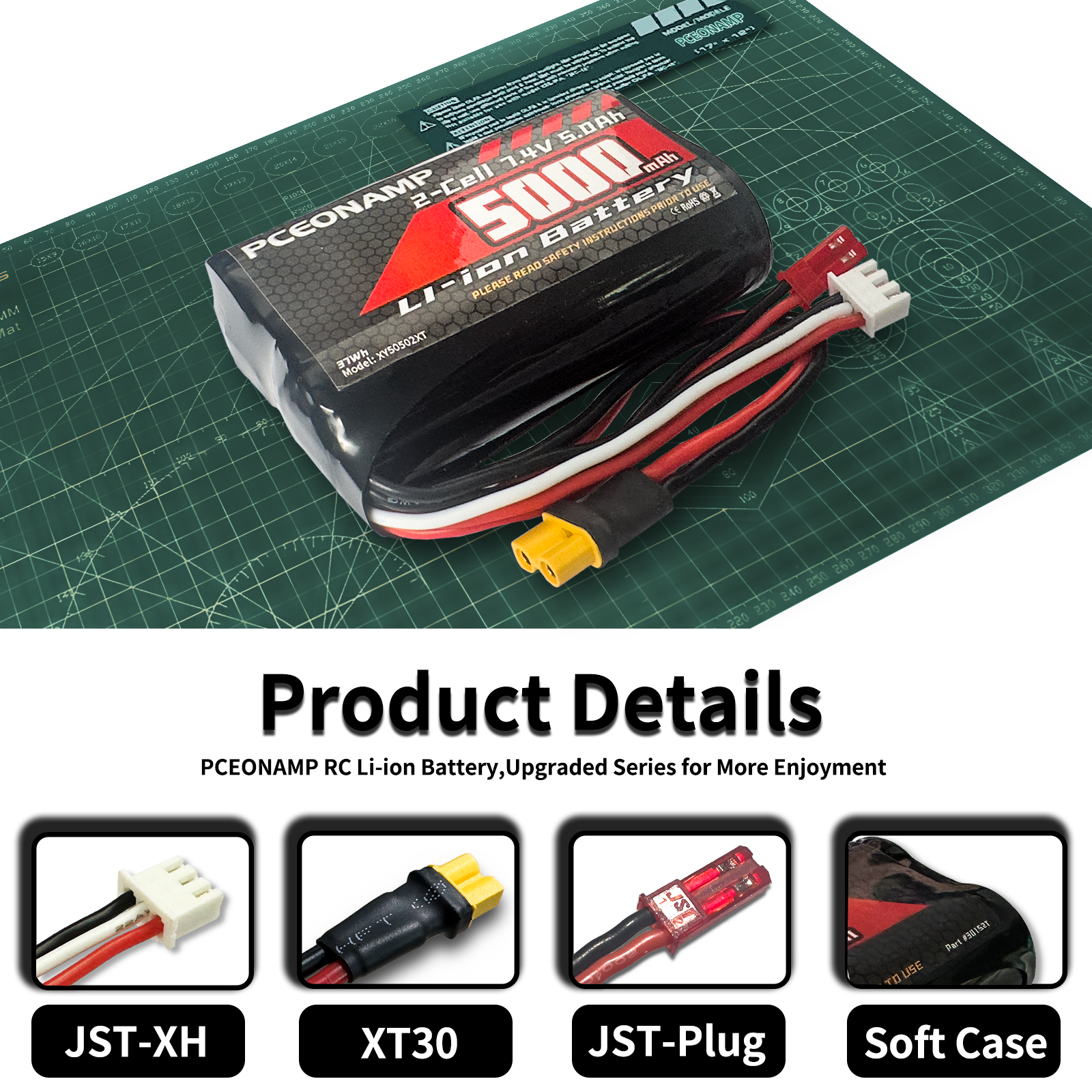 PCEONAMP TX16S Battery 5000mAh 2S 7.4V with JST-XH, JST Plug and XT30 Plug Fit for Transmitter TX16s RC4GS, RC6GS 1 Pack with 1 USB Charger