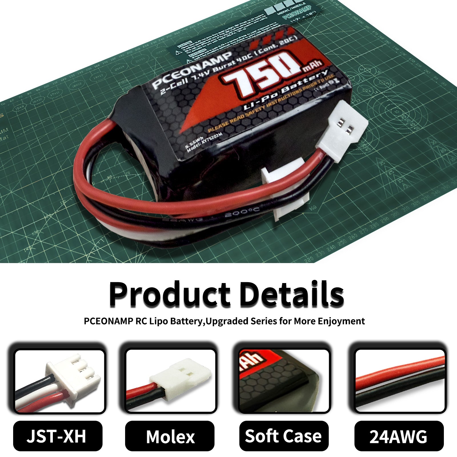 PCEONAMP 2S Lipo Battery 750mAh 7.4V for FCX24 Burst 40C with Molex Plug Rechargeable High Capacity RC 7.4V Lipo Battery Fit for 1/24 Scale RC Cars Trucks with 1 USB Charger （2pcs）