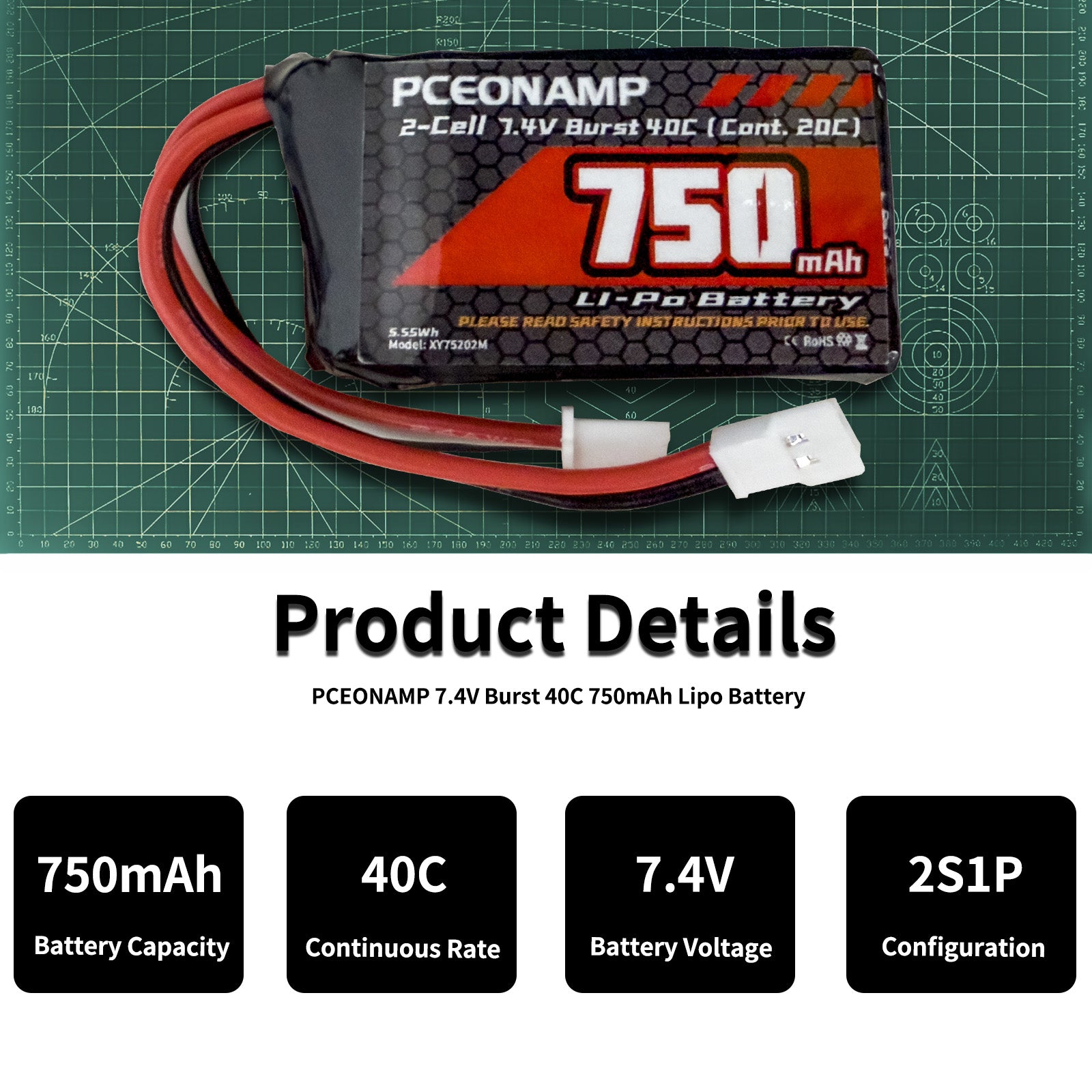PCEONAMP 2S Lipo Battery 750mAh 7.4V for FCX24 Burst 40C with Molex Plug Rechargeable High Capacity RC 7.4V Lipo Battery Fit for 1/24 Scale RC Cars Trucks with 1 USB Charger （2pcs）