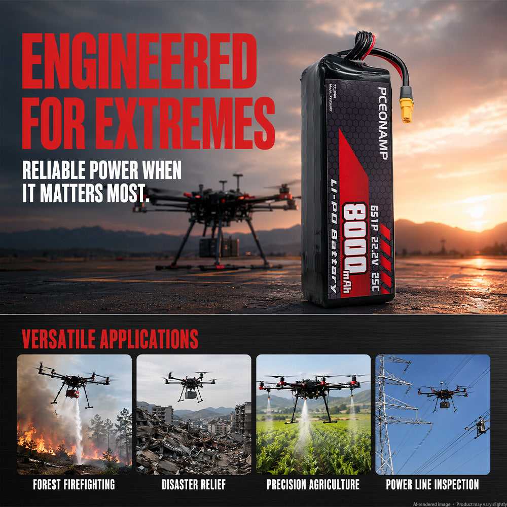 PCEONAMP 22.2V 8000mAh 6S LiPo battery 25C, engineered for extremes, product marketing
