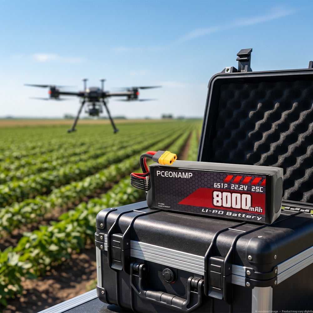 Industrial drone and PCEONAMP 22.2V 8000mAh 6S LiPo battery in outdoor field operation