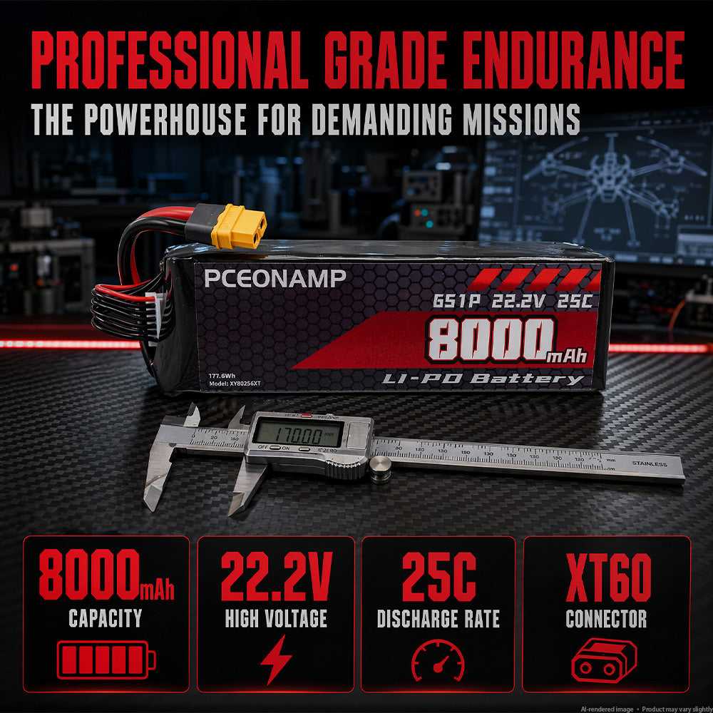 PCEONAMP 22.2V 8000mAh 6S LiPo battery 25C, XT60 plug, professional grade spec card