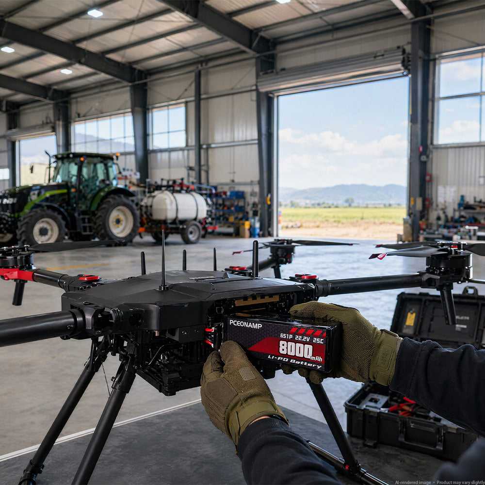 Technician installing PCEONAMP 22.2V 8000mAh 6S LiPo battery on drone in hangar