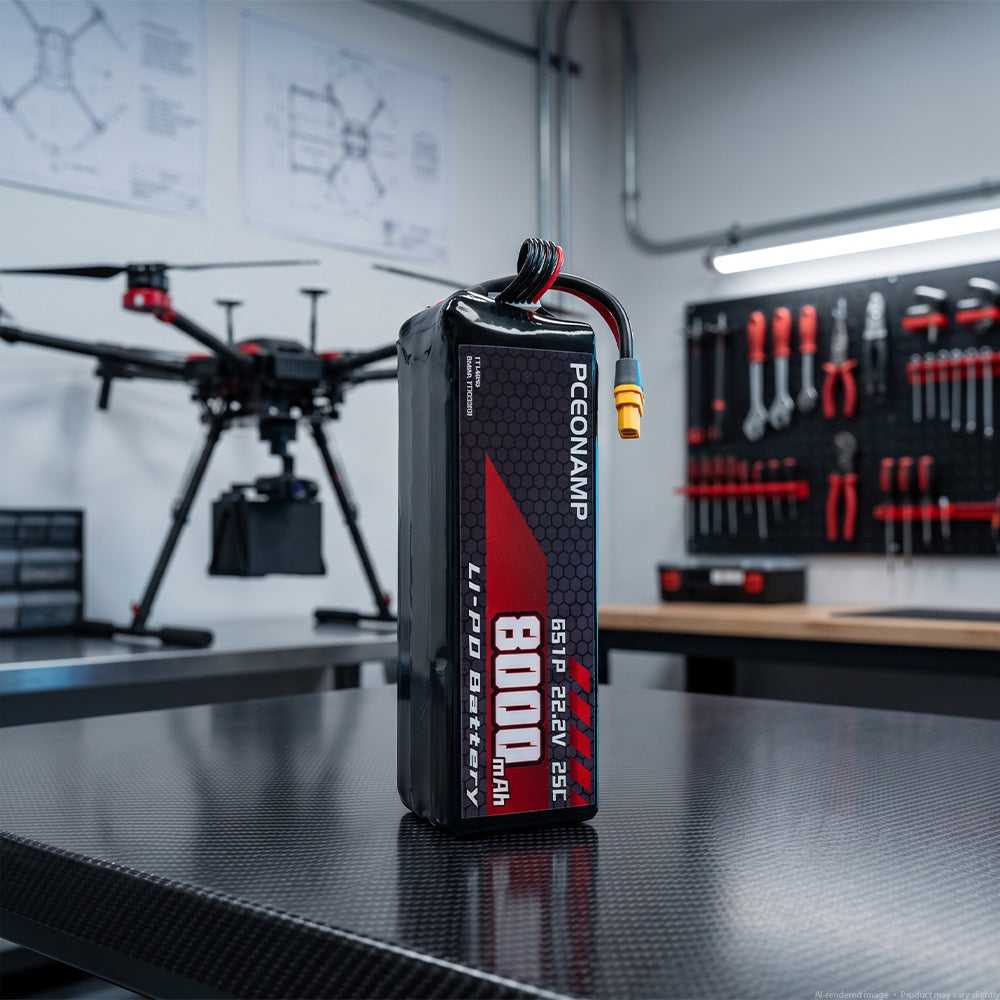PCEONAMP 8000mAh 6S LiPo battery 25C on workbench with drone frame in workshop