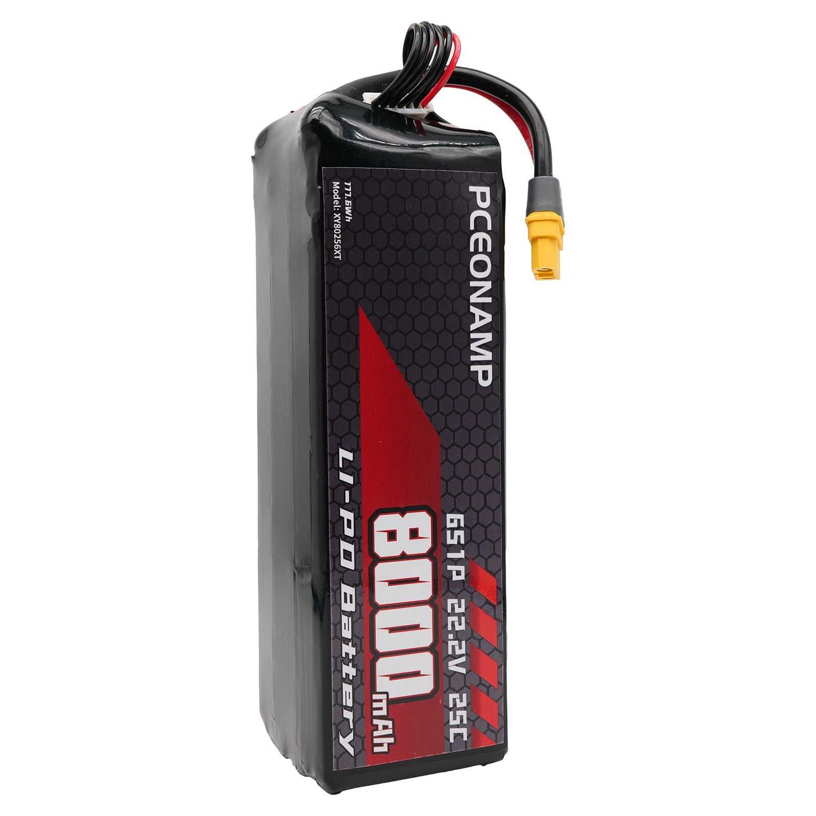 6S LiPo battery side view, dimensions 170 x 50 x 50mm, weight 960g, 10AWG silicone wires