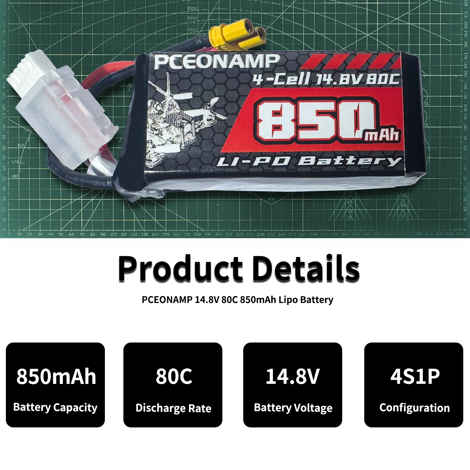 PCEONAMP 4S Lipo Battery 850mAh 14.8V 80C with XT30 Plug Rechargeable High Capacity RC Drone Battery Soft Case Fit for Toothpick FPV RC Racing Drone Quadcopter UAV Airplane Helicopter