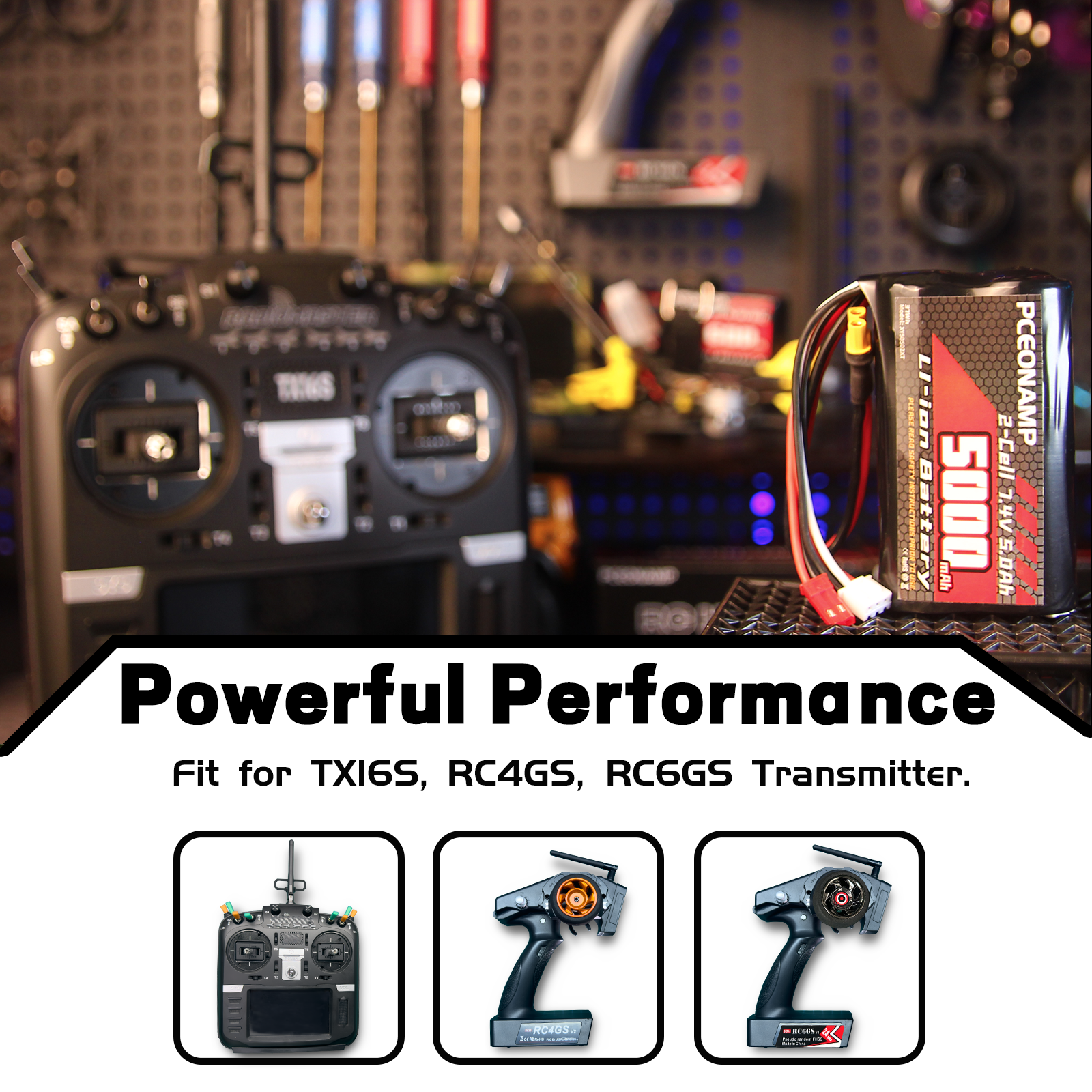 PCEONAMP TX16S Battery 5000mAh 2S 7.4V with JST-XH, JST Plug and XT30 Plug Fit for Transmitter TX16s RC4GS, RC6GS 1 Pack with 1 USB Charger