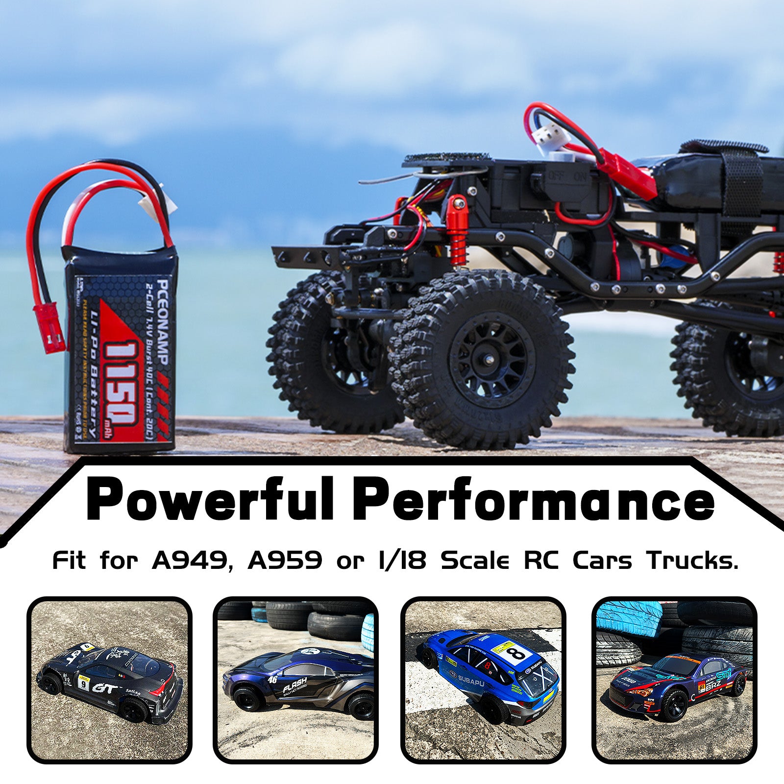 PCEONAMP 2S Lipo Battery 1150mAh 7.4V Burst 40C with JST Plug Rechargeable High Capacity RC 7.4V Lipo Battery Fit for RC Cars A949, A959 or 1/18 Scale RC Cars Trucks with 1 USB Charger （2packs）