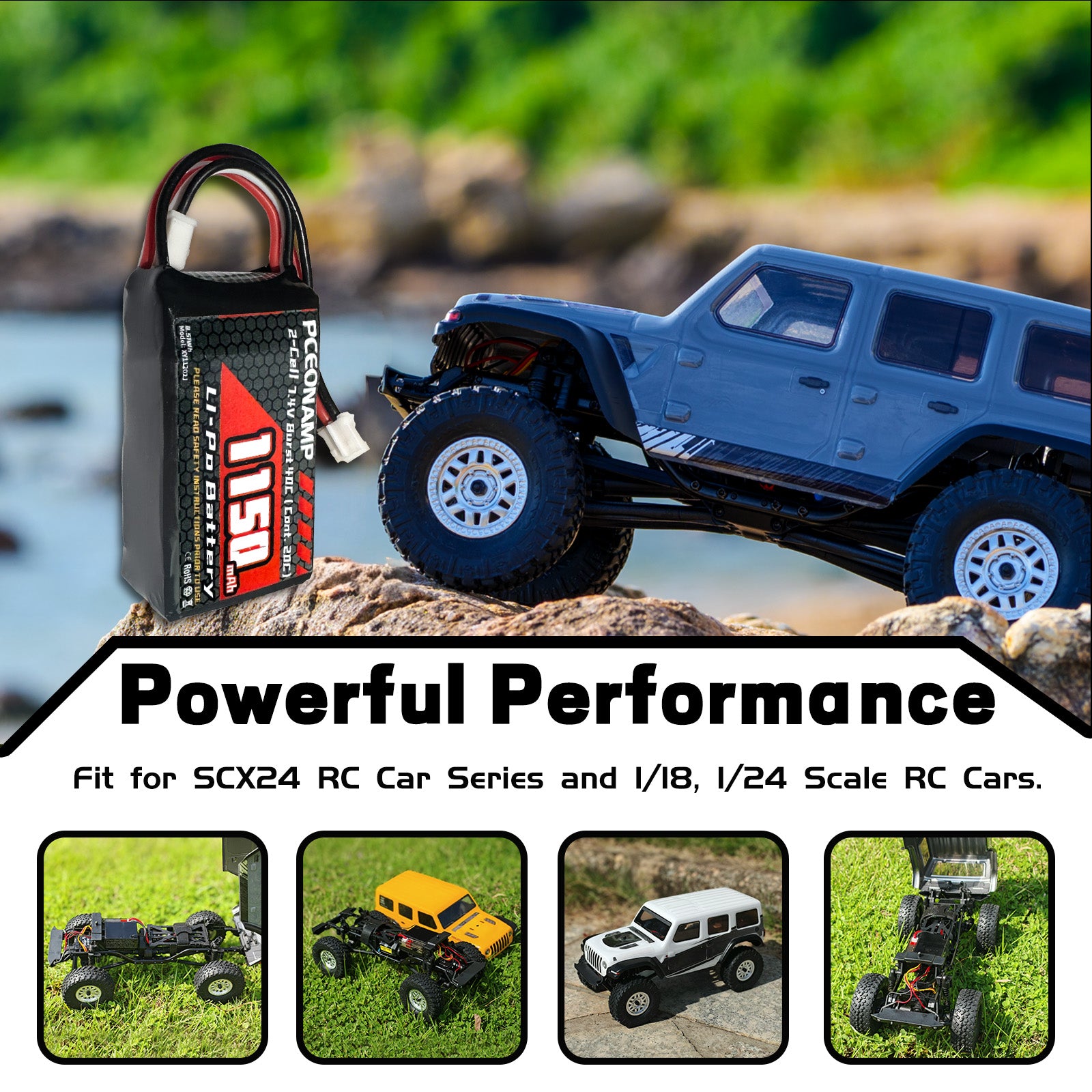 PCEONAMP 2S Lipo Battery 1150mAh 7.4V for SCX24 Burst 40C with PH2.0 Plug Rechargeable High Capacity RC 7.4V Lipo Battery Fit for 1/18, 1/24 Scale RC Cars Trucks with 1 USB Charger （2packs）
