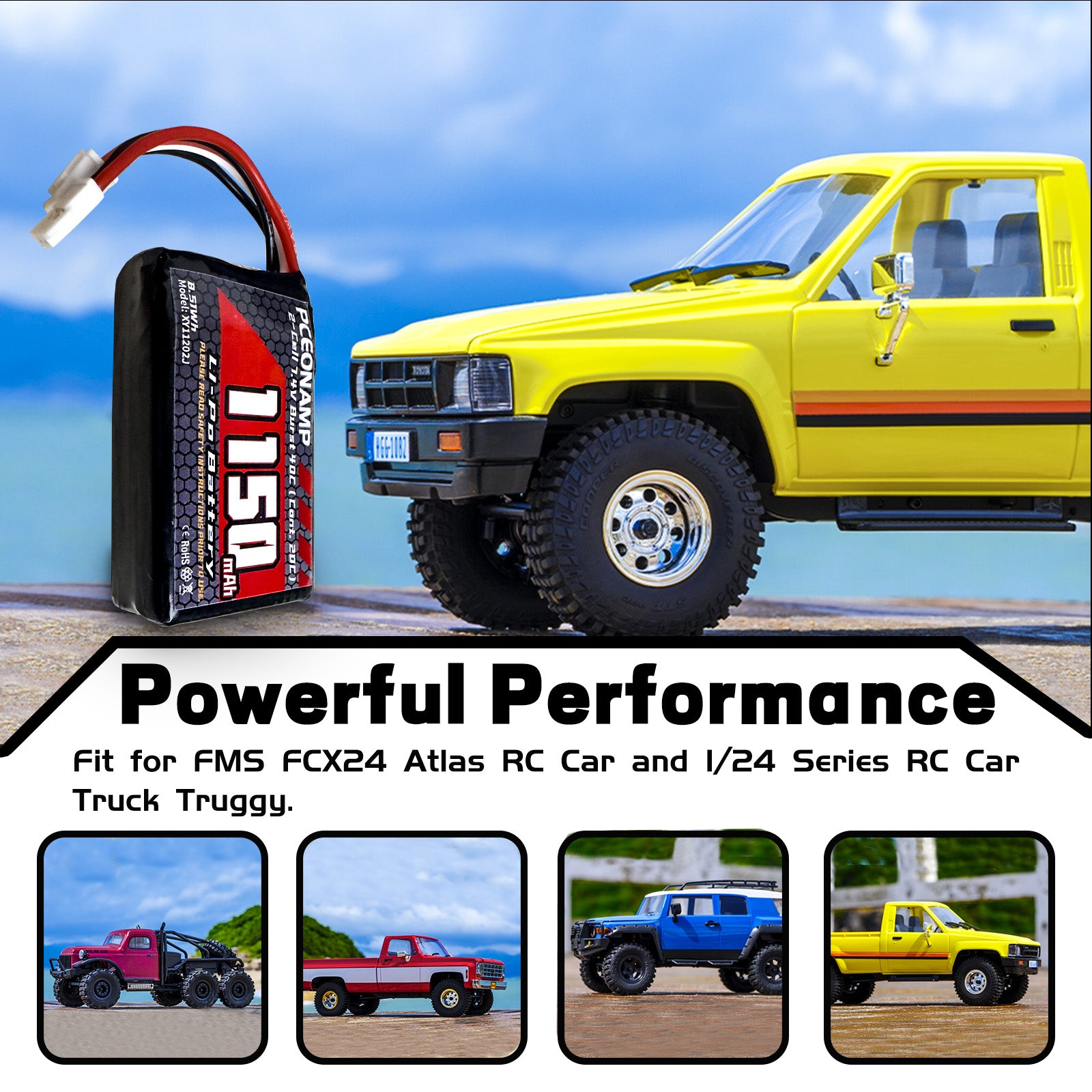 PCEONAMP 2S Lipo Battery 1150mAh 7.4V for FCX24 Burst 40C with Molex Plug Rechargeable High Capacity RC 7.4V Lipo Battery Fit for 1/24 Scale RC Cars Trucks with 1 USB Charger （2packs）