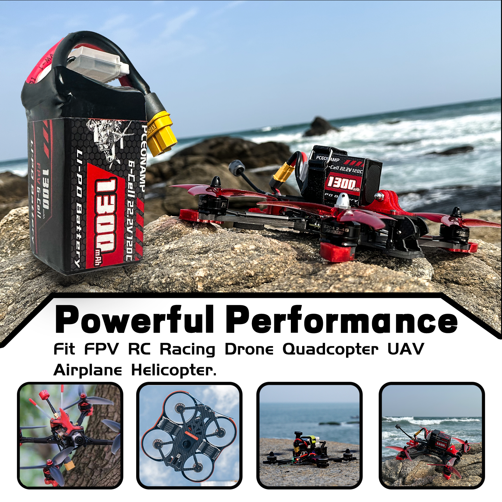 PCEONAMP 6S Lipo Battery 1300mAh 22.2V 120C with XT60 Plug Rechargeable High Capacity RC Drone Battery Soft Case Fit for RC FPV RC Racing Drone Quadcopter