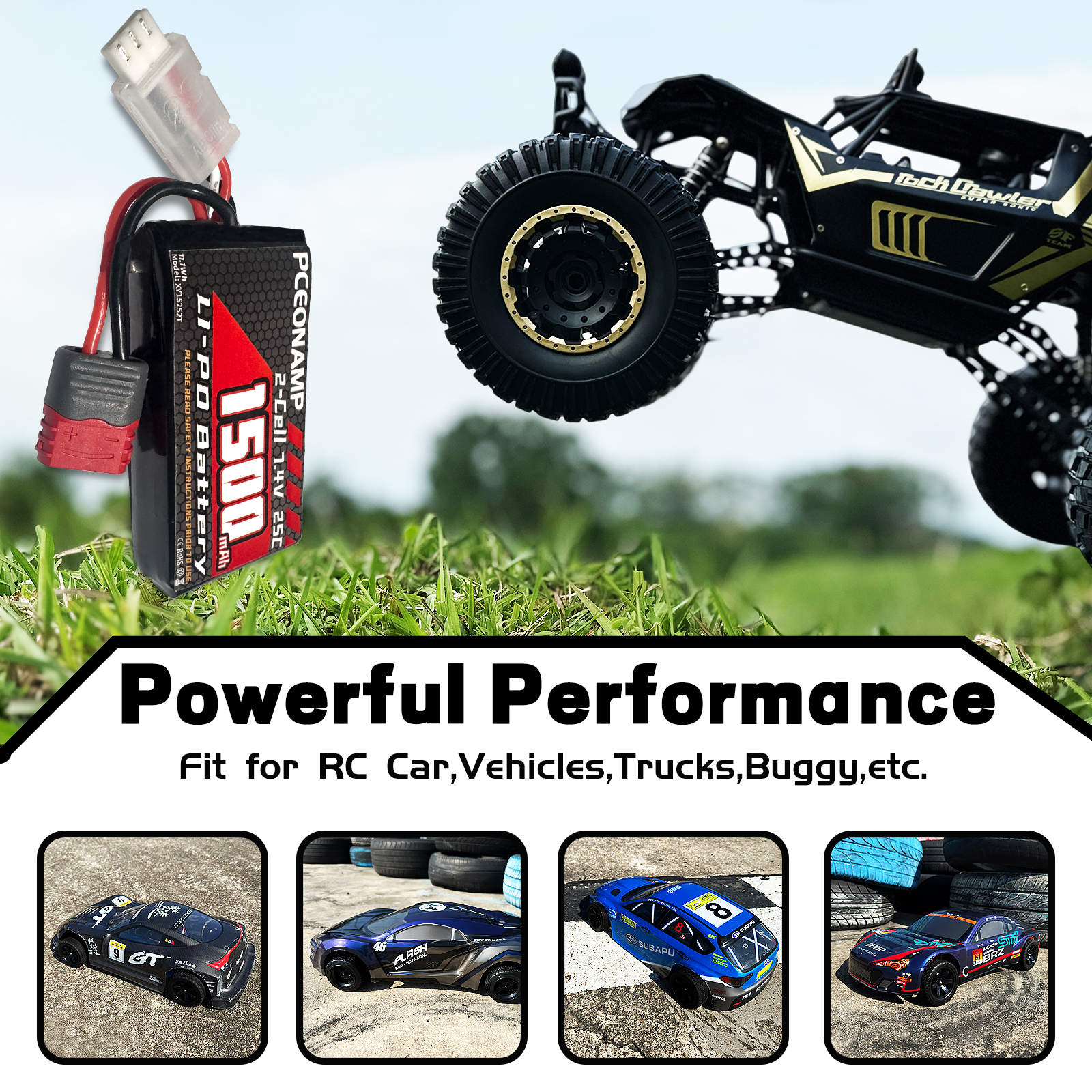 PCEONAMP 2S Lipo Battery 1500mAh 25C with Deans T Plug Rechargeable High Capacity RC 7.4V Battery Fit for High Speed RC Cars and Most 1/10, 1/12, 1/16 Scale RC Cars Trucks