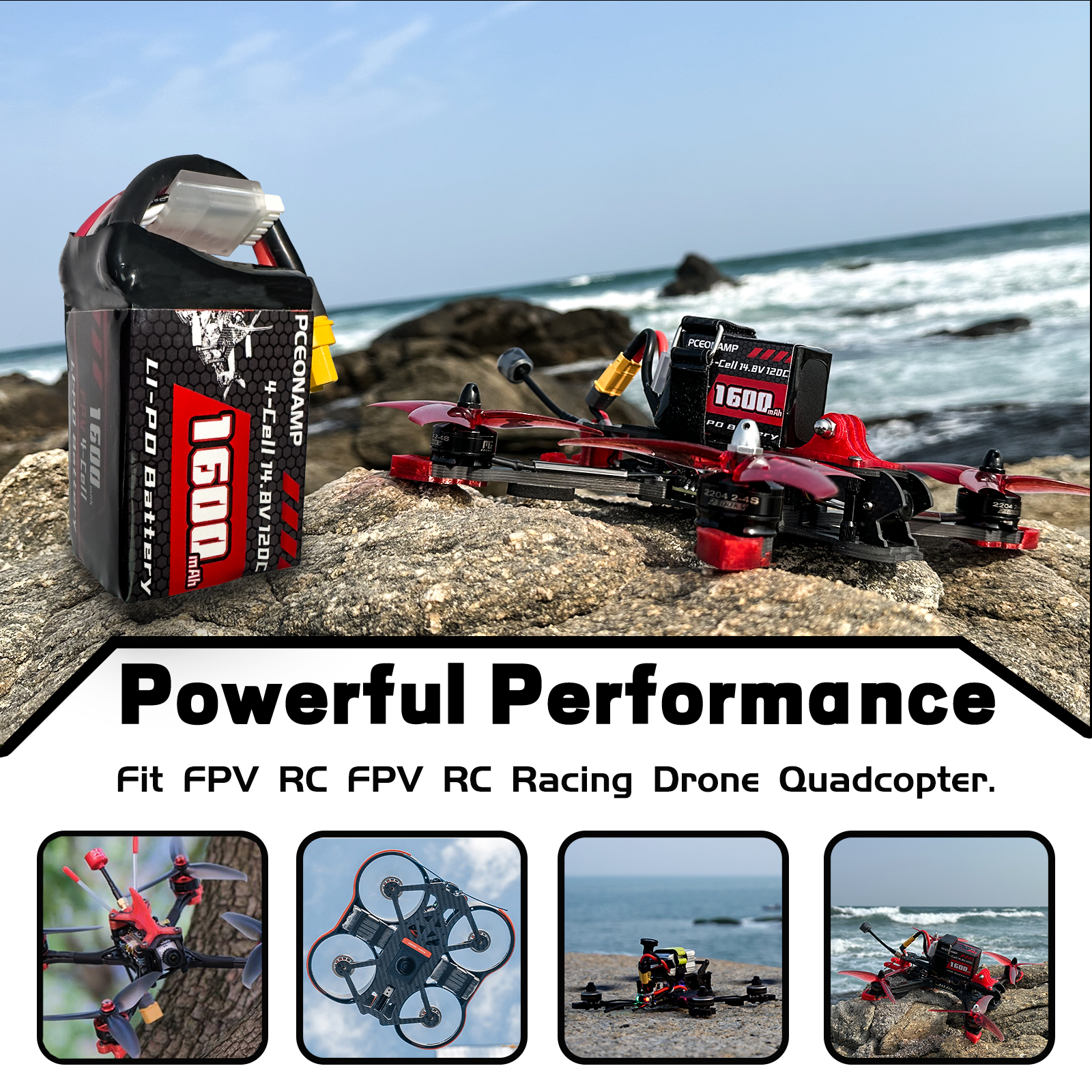 PCEONAMP 4S Lipo Battery 1600mAh 14.8V 120C with XT60 Plug Rechargeable High Capacity RC Drone Battery Soft Case Fit for RC FPV RC Racing Drone Quadcopter