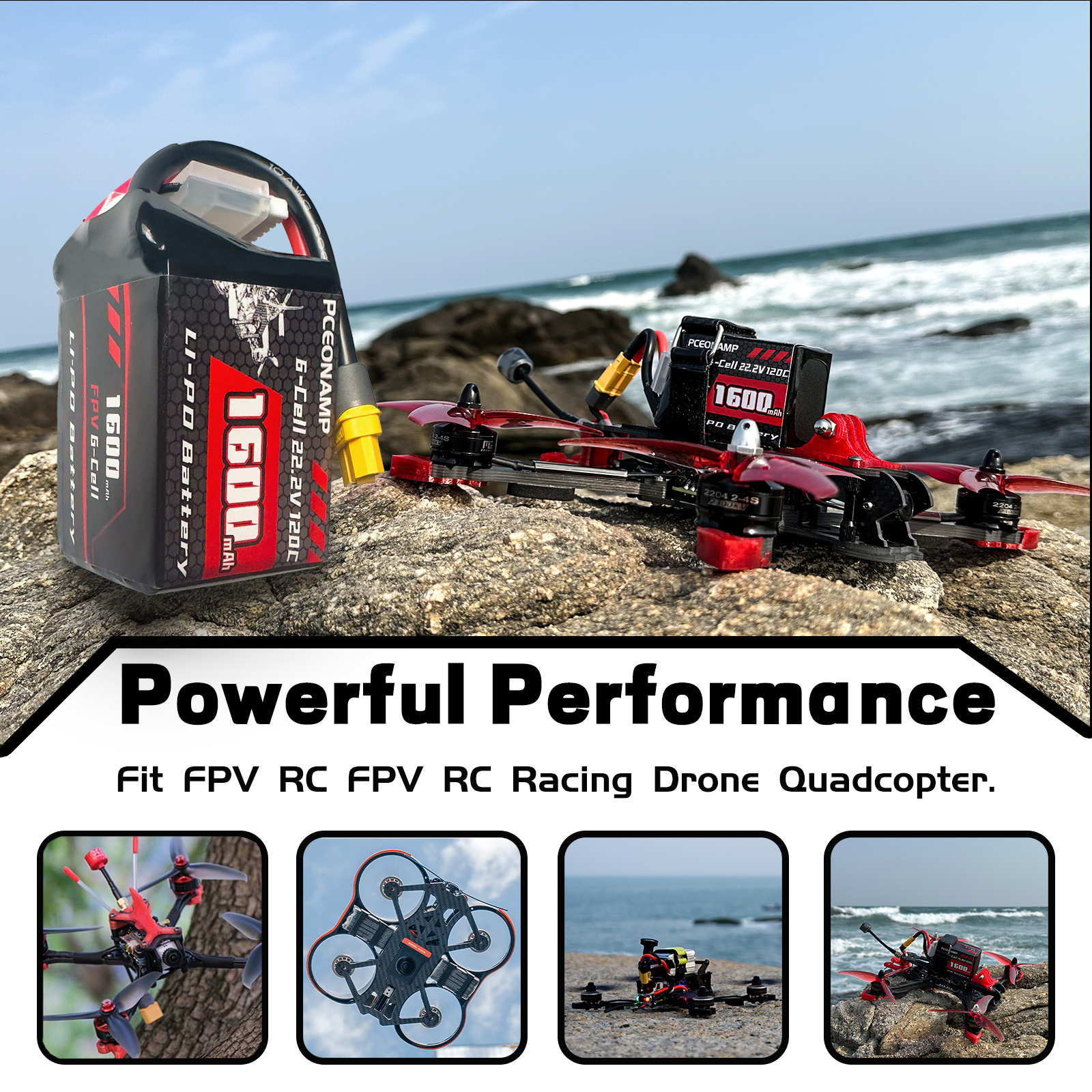 PCEONAMP 6S Lipo Battery 1600mAh 22.2V 120C with XT60 Plug Rechargeable High Capacity RC Drone Battery Soft Case Fit for RC FPV RC Racing Drone Quadcopter