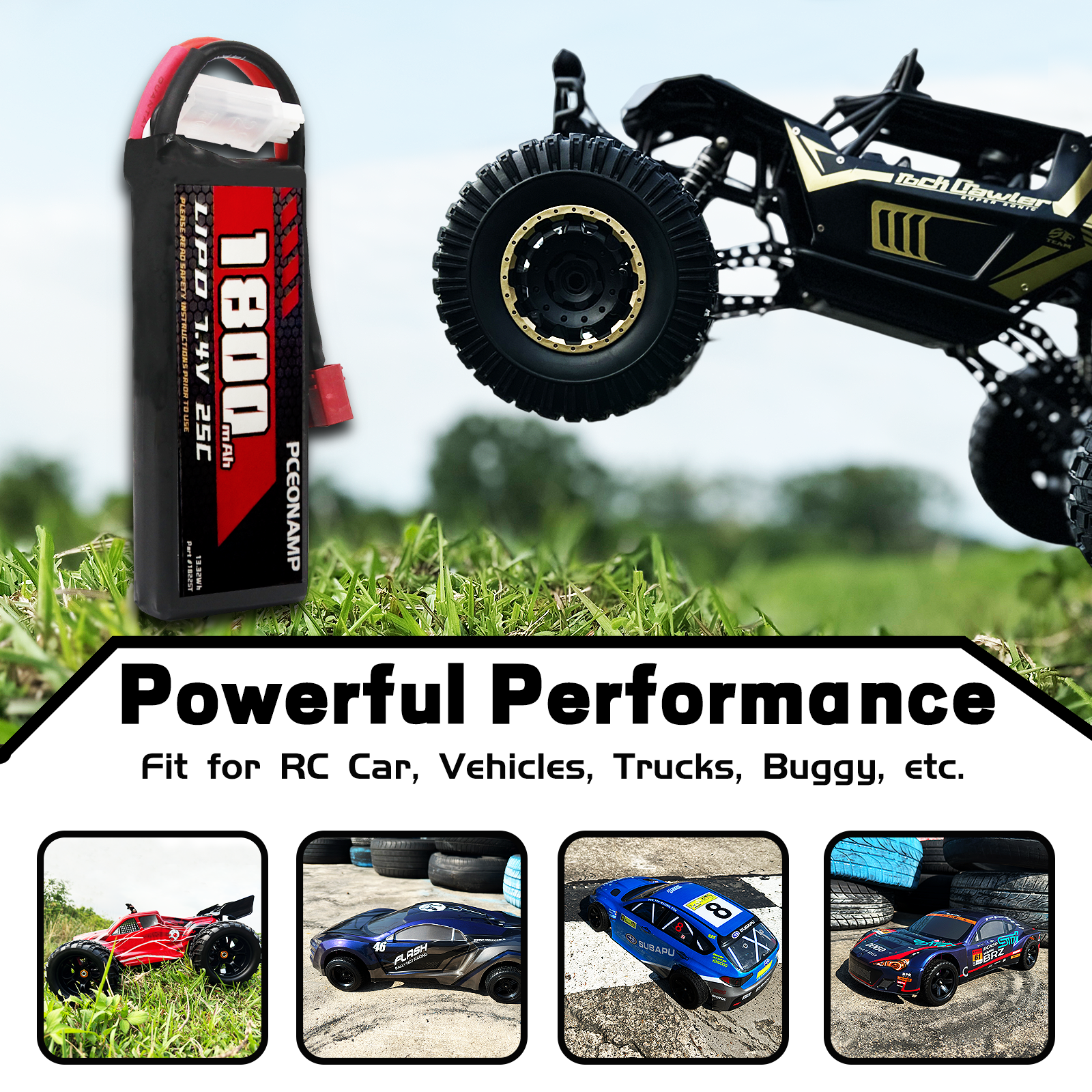 PCEONAMP 2S Lipo Battery 1800mAh 25C with Deans T Plug Rechargeable High Capacity RC 7.4V Battery Fit for WLtoys 4WD High Speed RC Cars and Most 1/10, 1/12, 1/16 Scale RC Cars Trucks（2packs