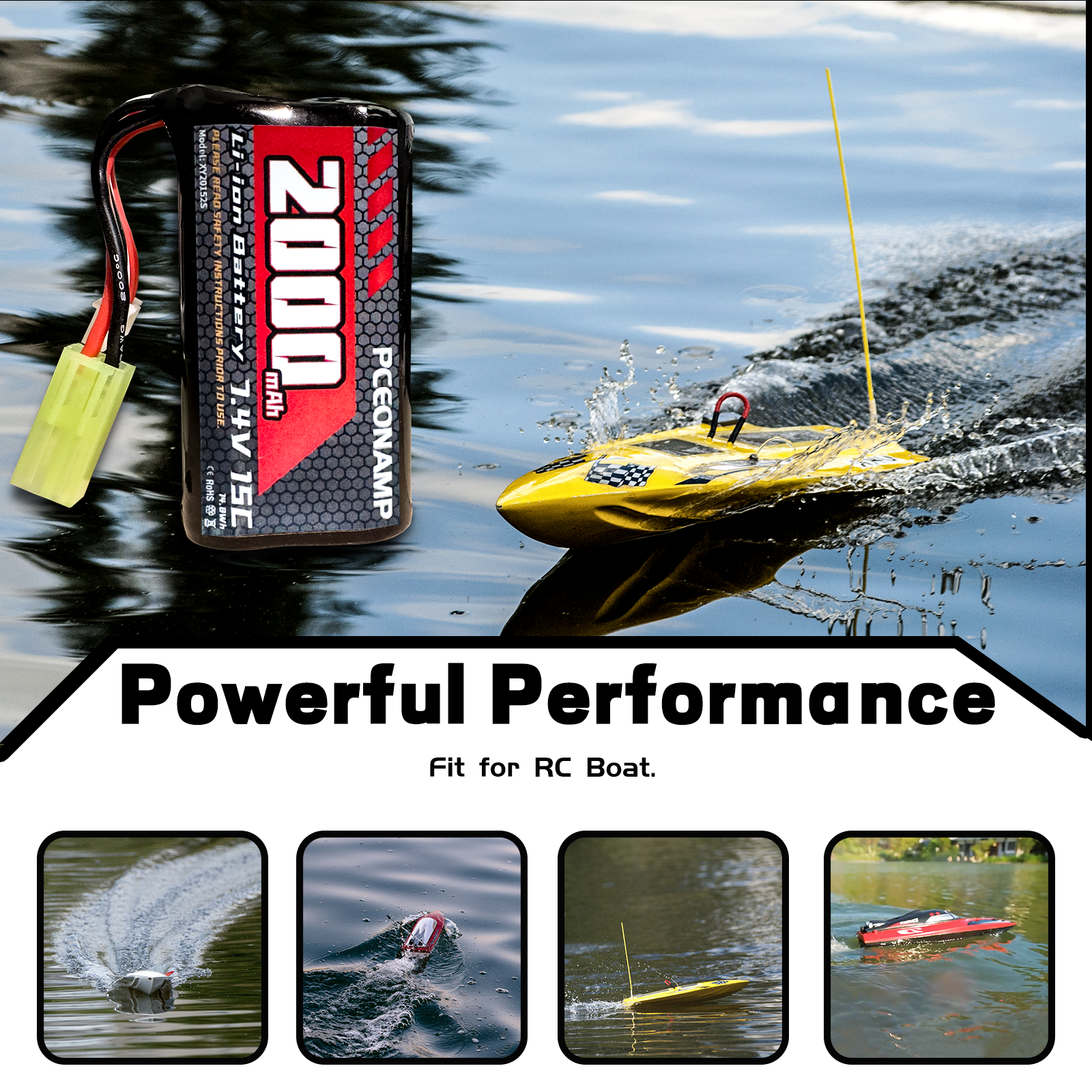 PCEONAMP 7.4V Li-ion Battery 2000mAh 2S Rechargeable High Capacity RC Battery with 2 USB Charger Cable for Remote Control Boat