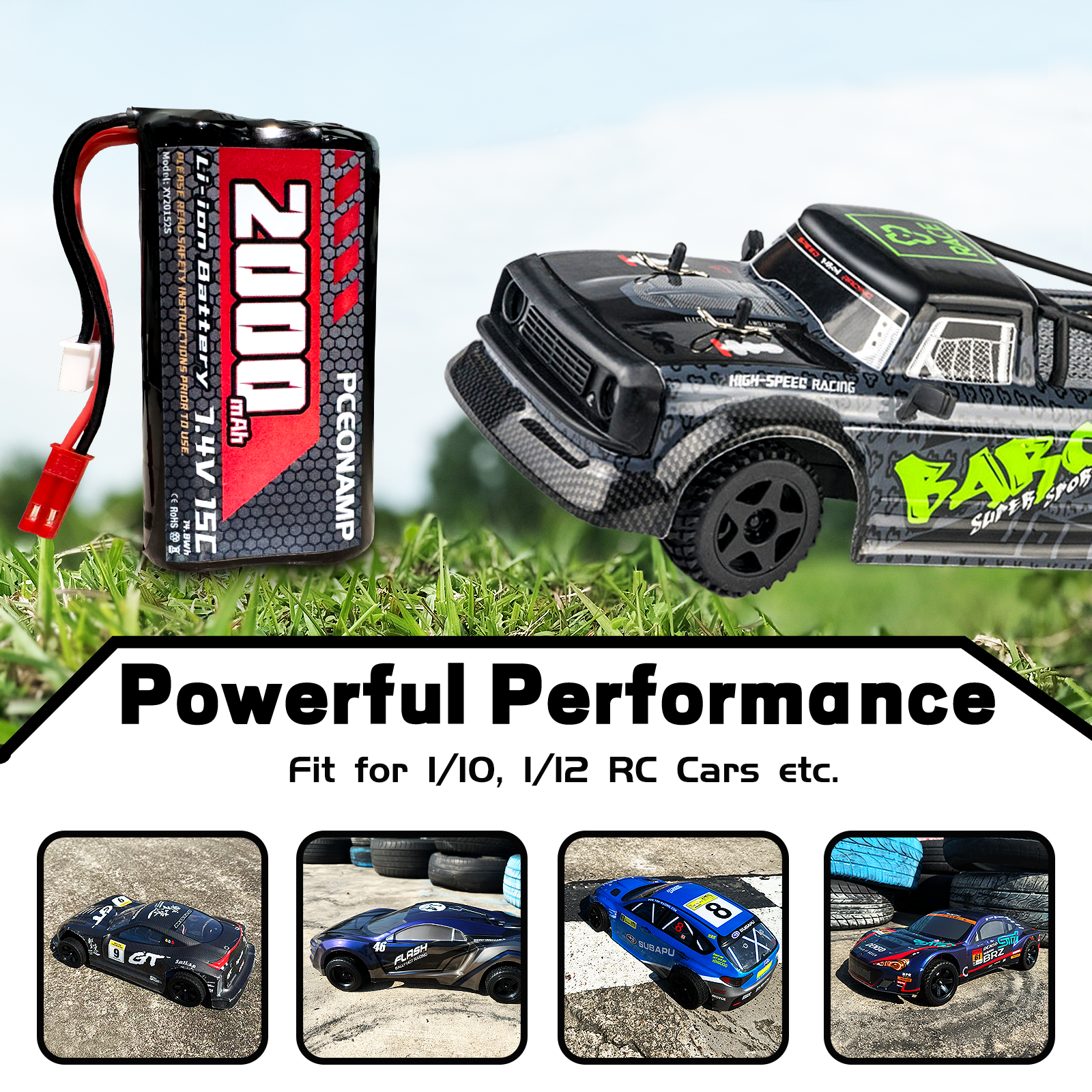 PCEONAMP 7.4V Li-ion Battery 2000mAh 2S with JST Plug Rechargeable High Capacity RC Battery with 2 USB Charger Cable for RC Car RC Boat