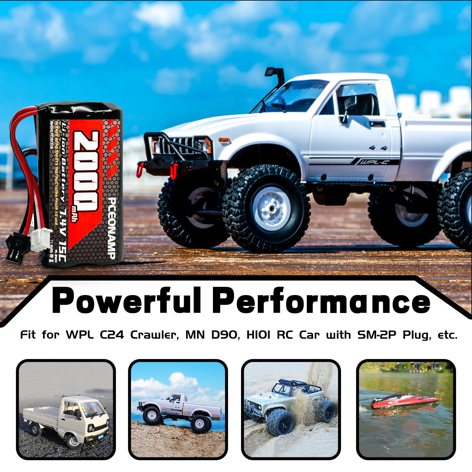 PCEONAMP 7.4V Li-ion Battery 2000mAh 2S Battery with SM-2P Plug Rechargeable High Capacity RC Battery Fit for WPL C24 MN D90 RC Cars, H101 RC Boat RC Truck Batteries with 2 USB Charger