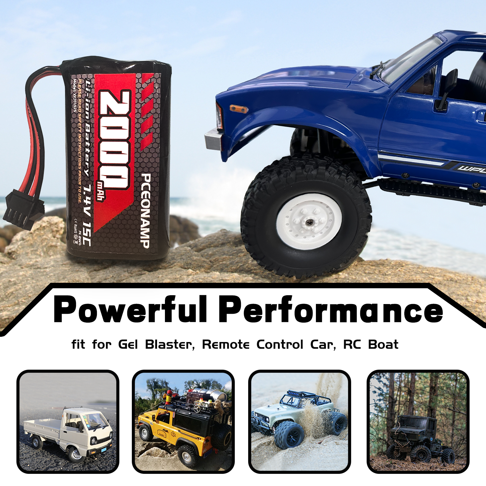 PCEONAMP Gel Blaster Battery 2000mAh 7.4V Li-ion Battery with SM-4P Plug Rechargeable High Capacity RC Battery with 2 USB Charger Cable for Remote Control Car RC Boat