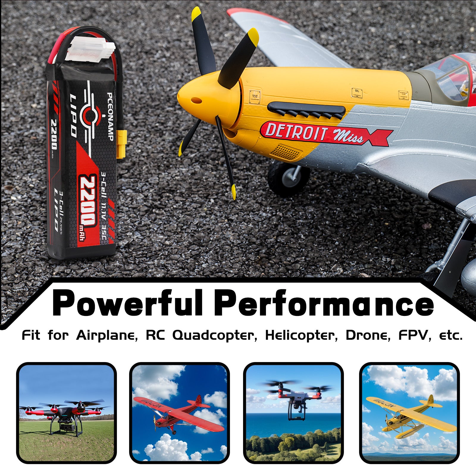 PCEONAMP 3S Lipo Battery 2200mAh 11.1V 35C with XT60 Plug Rechargeable High Capacity RC Battery Soft Case Fit for FPV Drone Airplane RC Quadcopter Helicopter